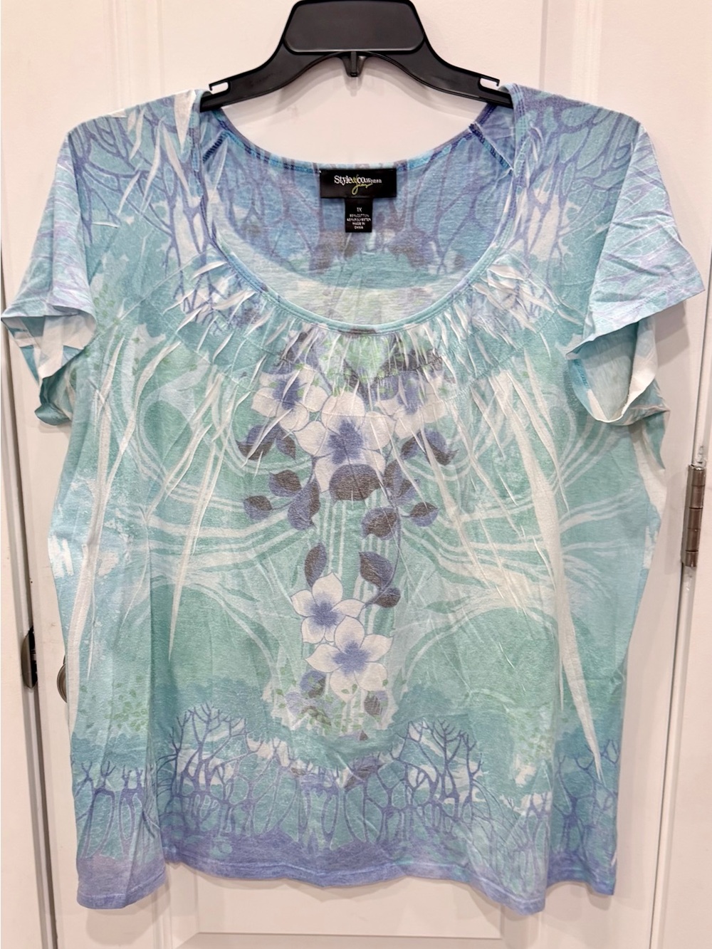 Style & Co. Women's Aqua Floral Scoop Neck Short Sleeve Top